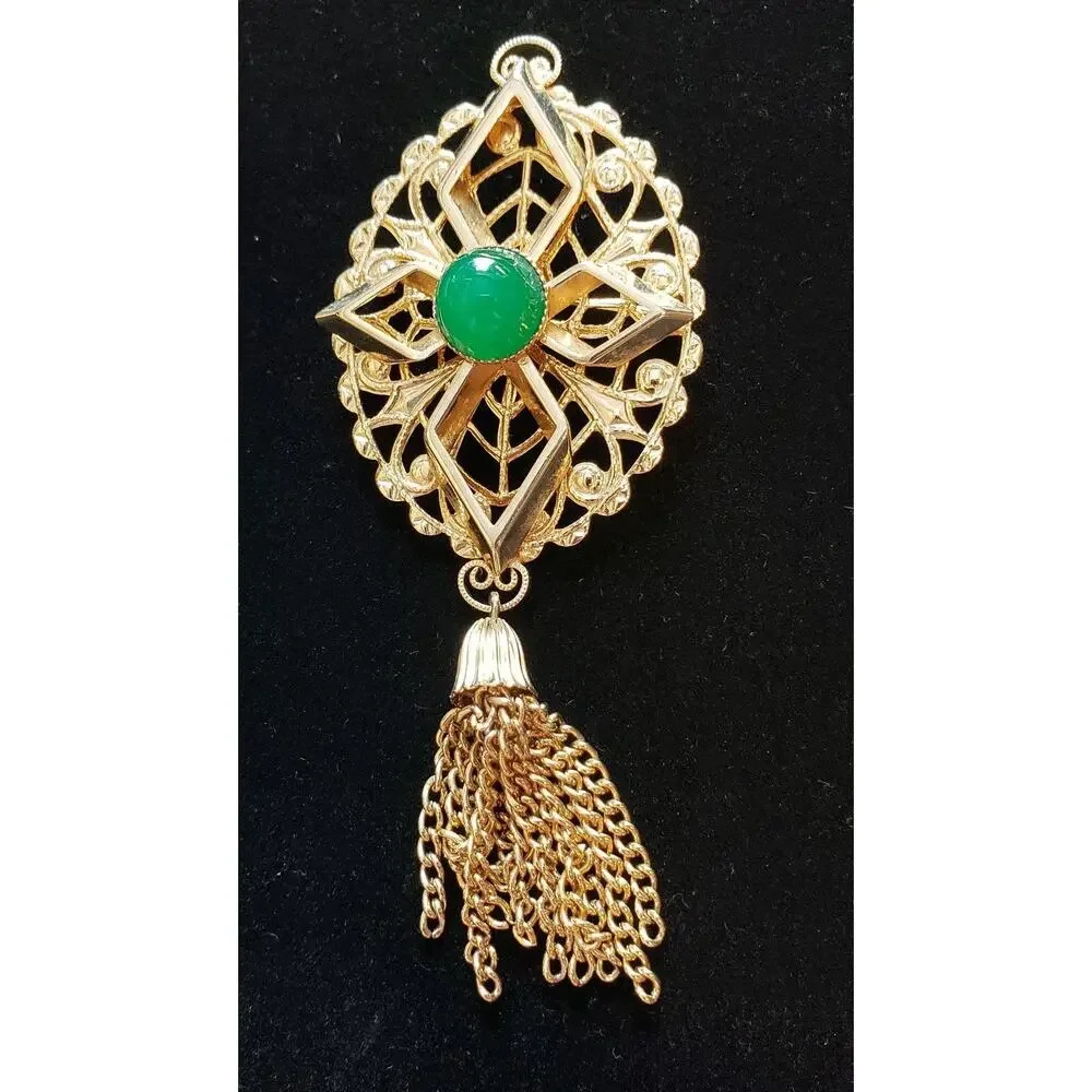 Sarah‎ Coventry Brooch Pin Peking Green Glass 3.5